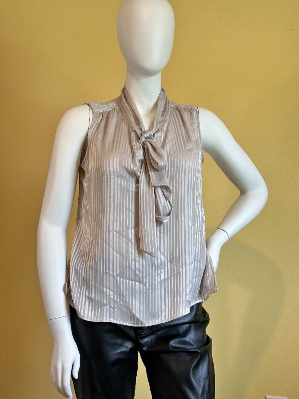 Calvin Klein Sleeveless Satin Stripe Tie Neck Blouse Beige Size